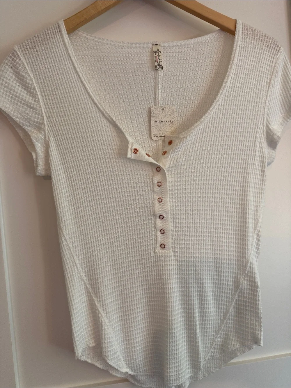 NWT Free People! White Waffle Henley Top with Contrast Buttons
